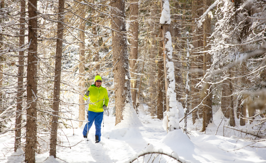 Vinteräventyr, turskidor ensam man i skogen på skidor